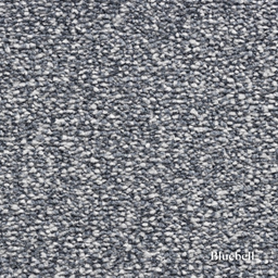 Close-up of textured blue carpet with 'Bluehell' branding.