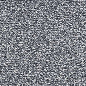 Close-up of textured blue carpet with 'Bluehell' branding.
