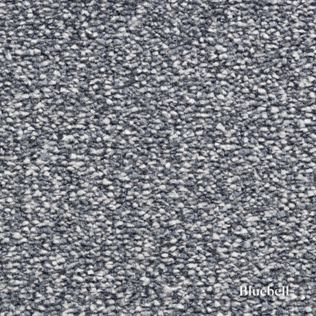 Close-up of textured blue carpet with 'Bluehell' branding.