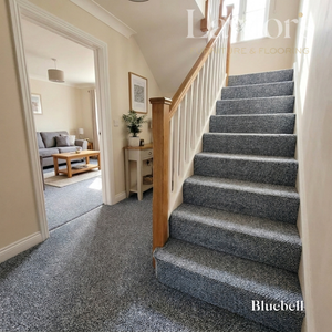 Staircase with blue carpeting leading to a living room