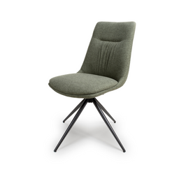 The Boden Chair in Sage Green features soft fabric upholstery, pleated accents, robust black metal legs along