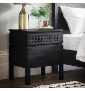 The Gallery Boho Boutique Bedside Locker features 2 drawers, mango wood with mixed timber veneers and intricate fret work.