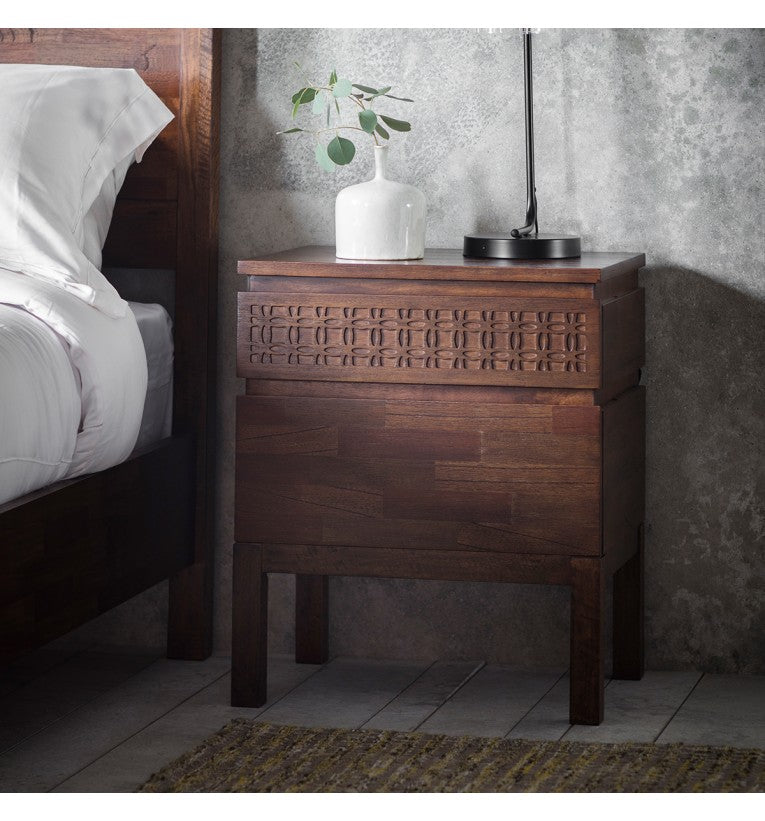 The Gallery Boho Retreat Bedside Locker features 2 drawers, mango wood with mixed timber veneers and intricate fret work.