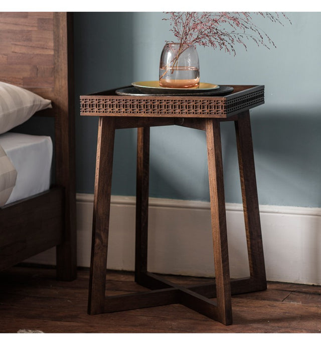 The Gallery Boho Retreat Bedside Table features mango wood with mixed timber veneers, intricate fretwork and versatile design.