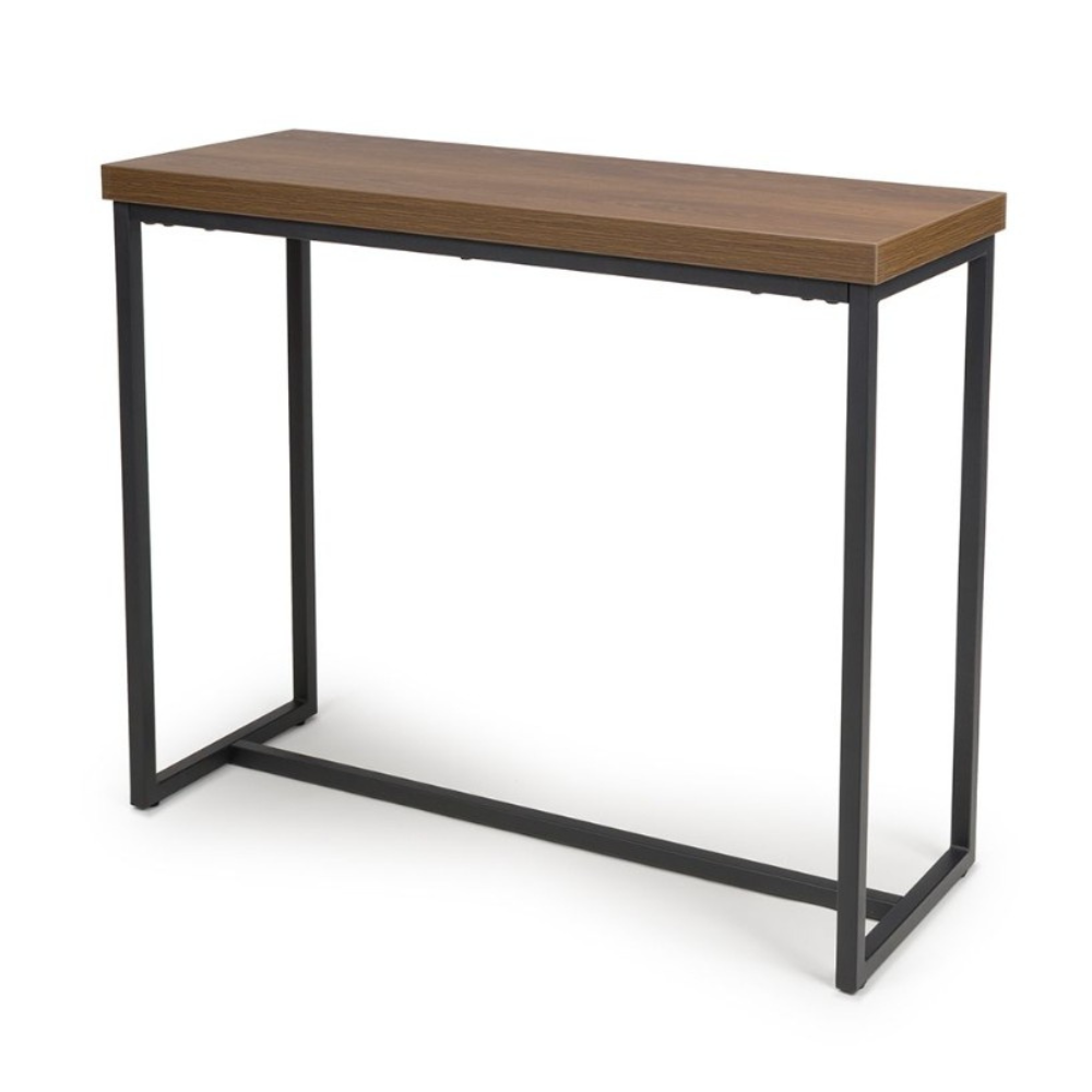 The Boston Console Table in Smoked Oak features a SmarTops® surface, robust iron legs and a generous design, making it as a practical and elegant addition.