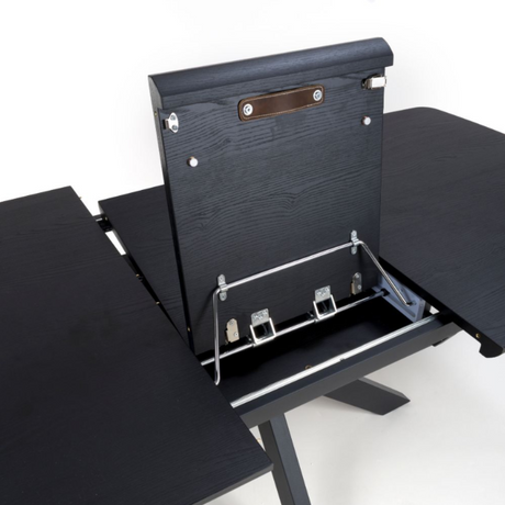 The Boston Extending Table, which ranges from 1400 to 1800mm, showcases a striking black ash veneer, robust metal legs, and a seamless extension mechanism.