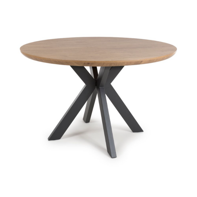 The Boston Round Table 1200mm Rustic Oak features a warm rustic oak veneer top and sturdy black metal base, blending timeless charm with modern design.