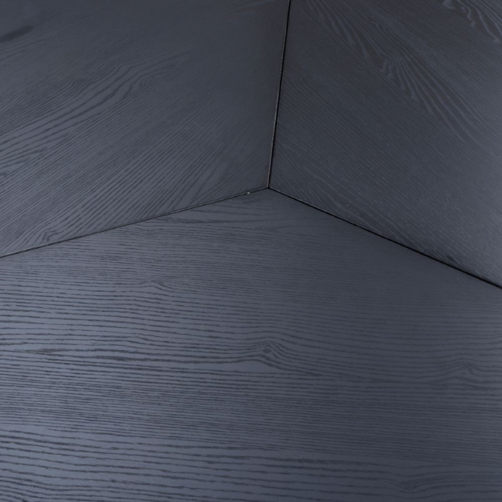 The Boston Round Table 1500mm in Black Ash features a generous design, an elegant veneer surface, and a distinctive X-leg base.