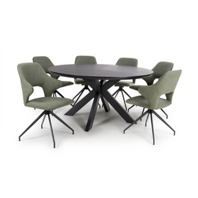 The Boston Round Table 1500mm in Black Ash features a generous design, an elegant veneer surface, and a distinctive X-leg base.