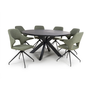 The Boston Round Table 1500mm in Black Ash features a generous design, an elegant veneer surface, and a distinctive X-leg base.