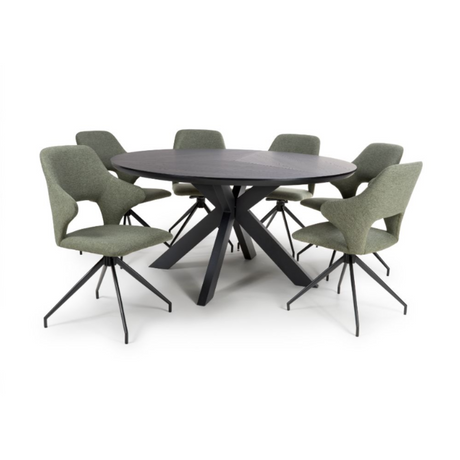 The Boston Round Table 1500mm in Black Ash features a generous design, an elegant veneer surface, and a distinctive X-leg base.