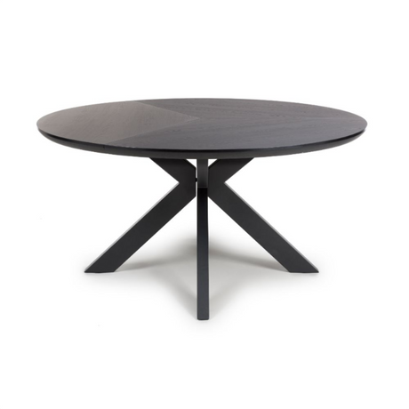 The Boston Round Table 1500mm in Black Ash features a generous design, an elegant veneer surface, and a distinctive X-leg base.