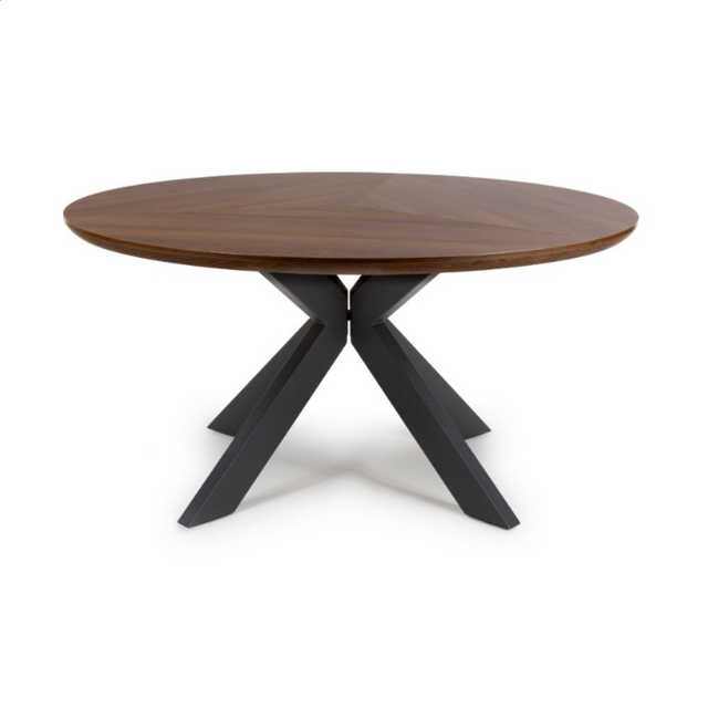 The Boston Round Table 1500mm in Smoked Oak features a generous smoked oak veneer surface paired with a black metal cross-leg base.