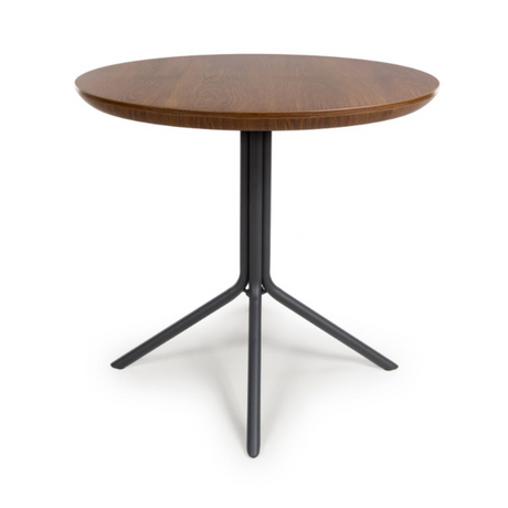 The Boston Round Table 800mm features a smoked oak veneer surface paired with a black metal base, blending contemporary design with an elegant flair.