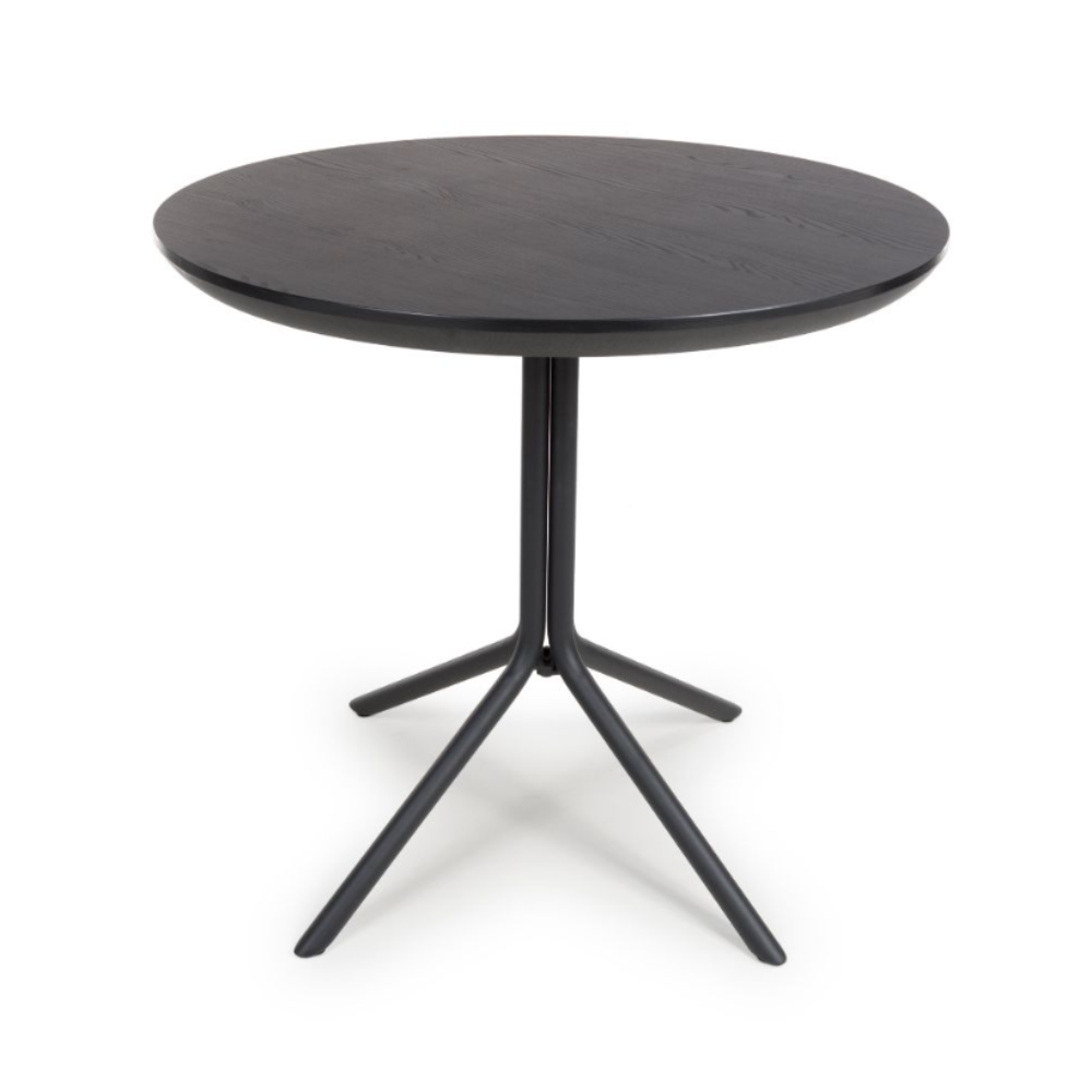The Boston Round Table 800mm in Black Ash features an elegant plywood surface, a sturdy metal frame, and a contemporary design.