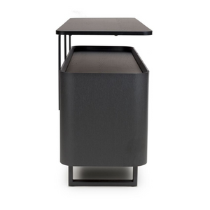 The Boston Sideboard in Black Ash boasts a SmarTops® resilient surface, elegant iron legs, and generous storage capacity.
