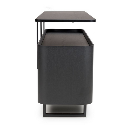 The Boston Sideboard in Black Ash boasts a SmarTops® resilient surface, elegant iron legs, and generous storage capacity.