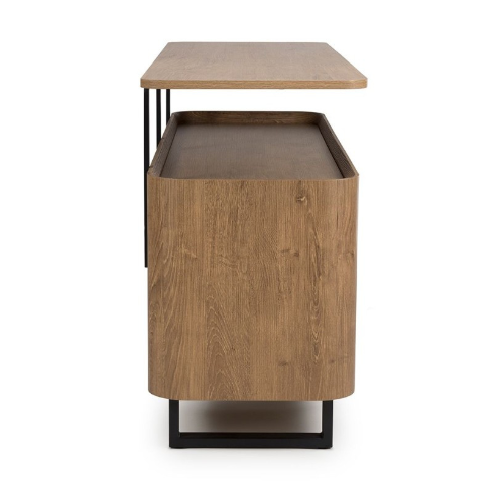 The Boston Sideboard in Rustic Oak showcases a SmarTops® resilient surface, elegant iron legs, and generous storage capacity.