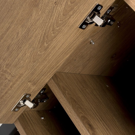 The Boston Sideboard in Rustic Oak showcases a SmarTops® resilient surface, elegant iron legs, and generous storage capacity.