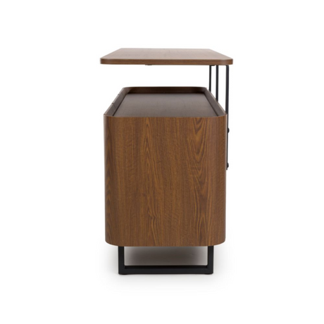 The Boston Sideboard in Smoked Oak features the robust durability of SmarTops®, elegant iron legs and ample storage capacity.