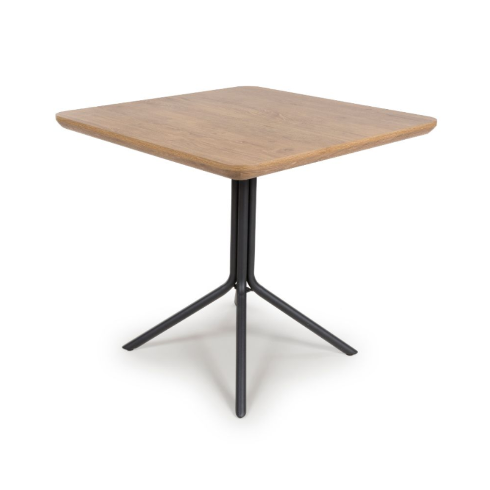 The Boston Square Table 800 x 800mm in Rustic Oak, showcases a cozy oak veneer surface paired with a robust metal base, ideal for dining environments.