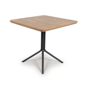 The Boston Square Table 800 x 800mm in Rustic Oak, showcases a cozy oak veneer surface paired with a robust metal base, ideal for dining environments.