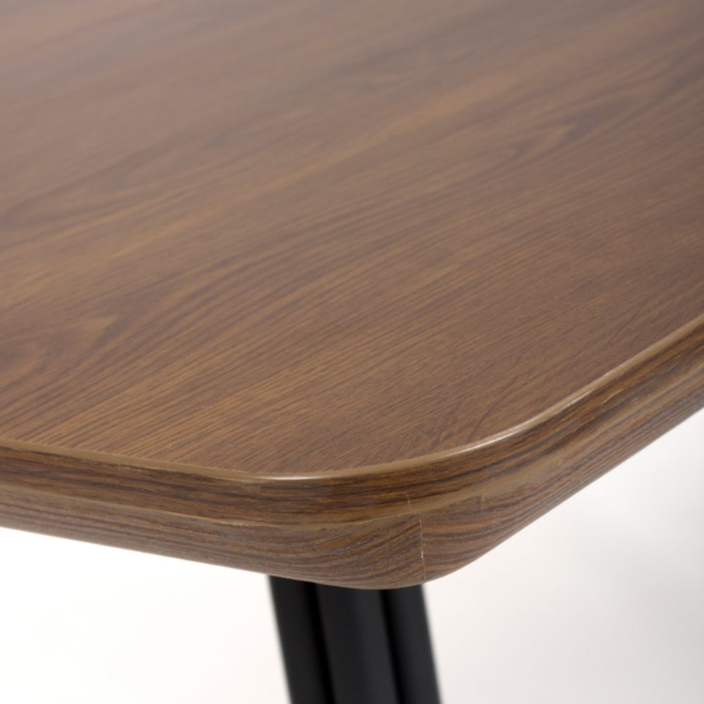 The Boston Square Table 800 x 800mm in Smoked Oak, showcases a luxurious wood veneer surface paired with a robust metal base.