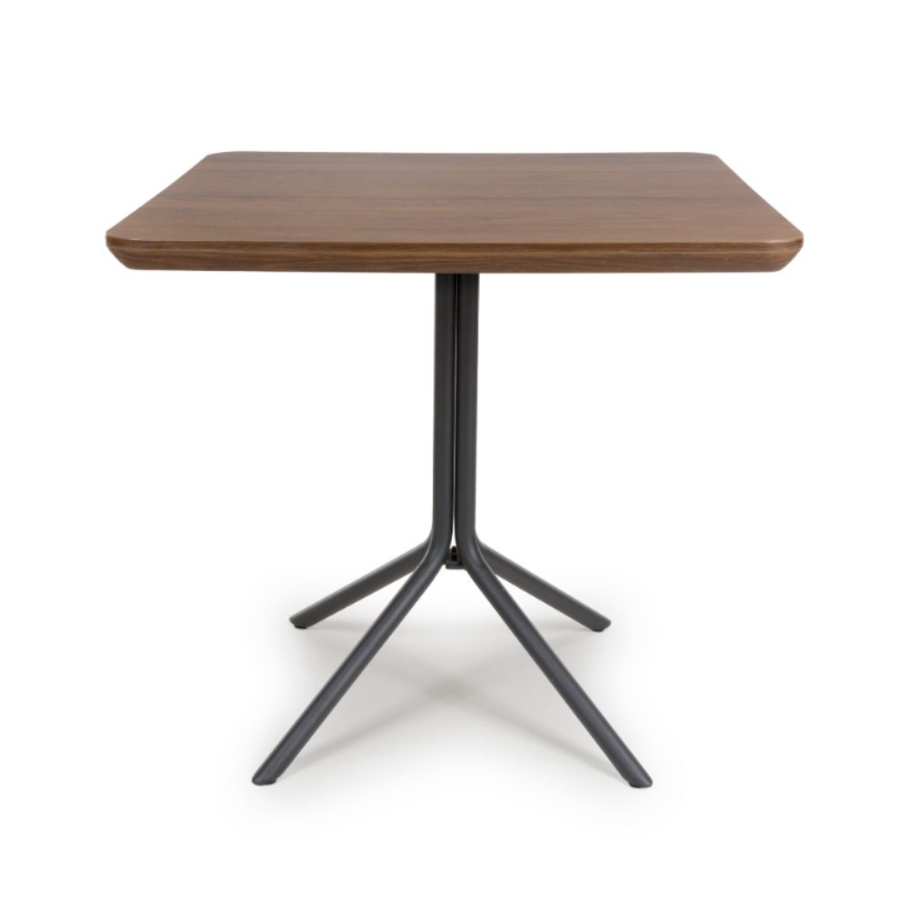 The Boston Square Table 800 x 800mm in Smoked Oak, showcases a luxurious wood veneer surface paired with a robust metal base.