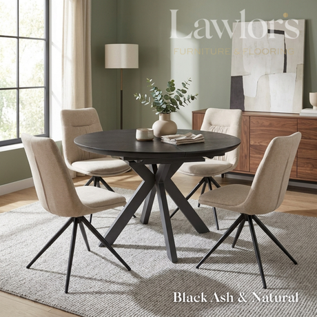 Dining room with black extending round table and cream chairs set