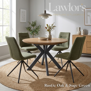 Dining room with oak extending round table and sage green chairs set