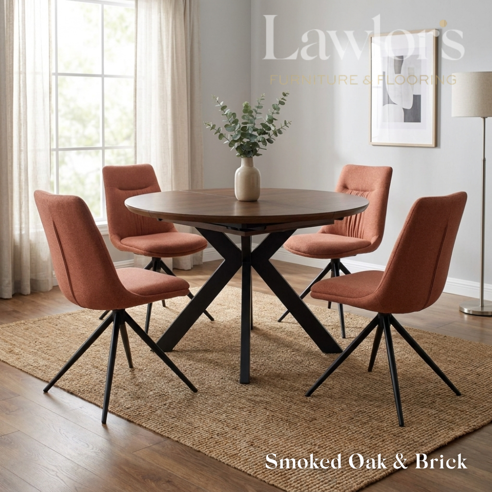 Dining room with smoked oak extending round table and orange chairs set