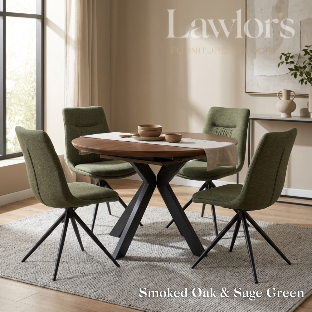 Dining room with smoked oak extending round table and sage green chairs set