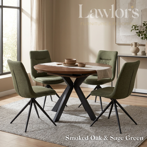 Dining room with smoked oak extending round table and sage green chairs set