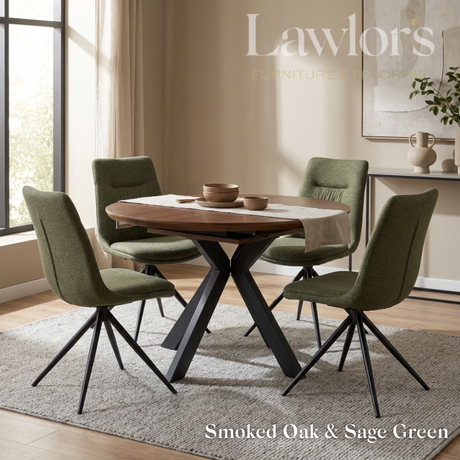 Dining room with smoked oak extending round table and sage green chairs set