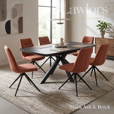 Dining room with black extending table and orange set