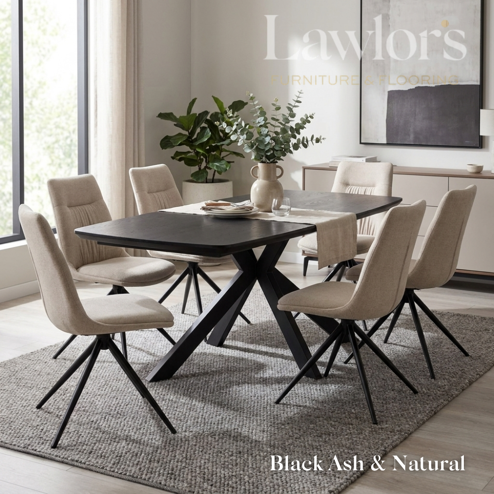 Dining room with black extending table and cream chairs set