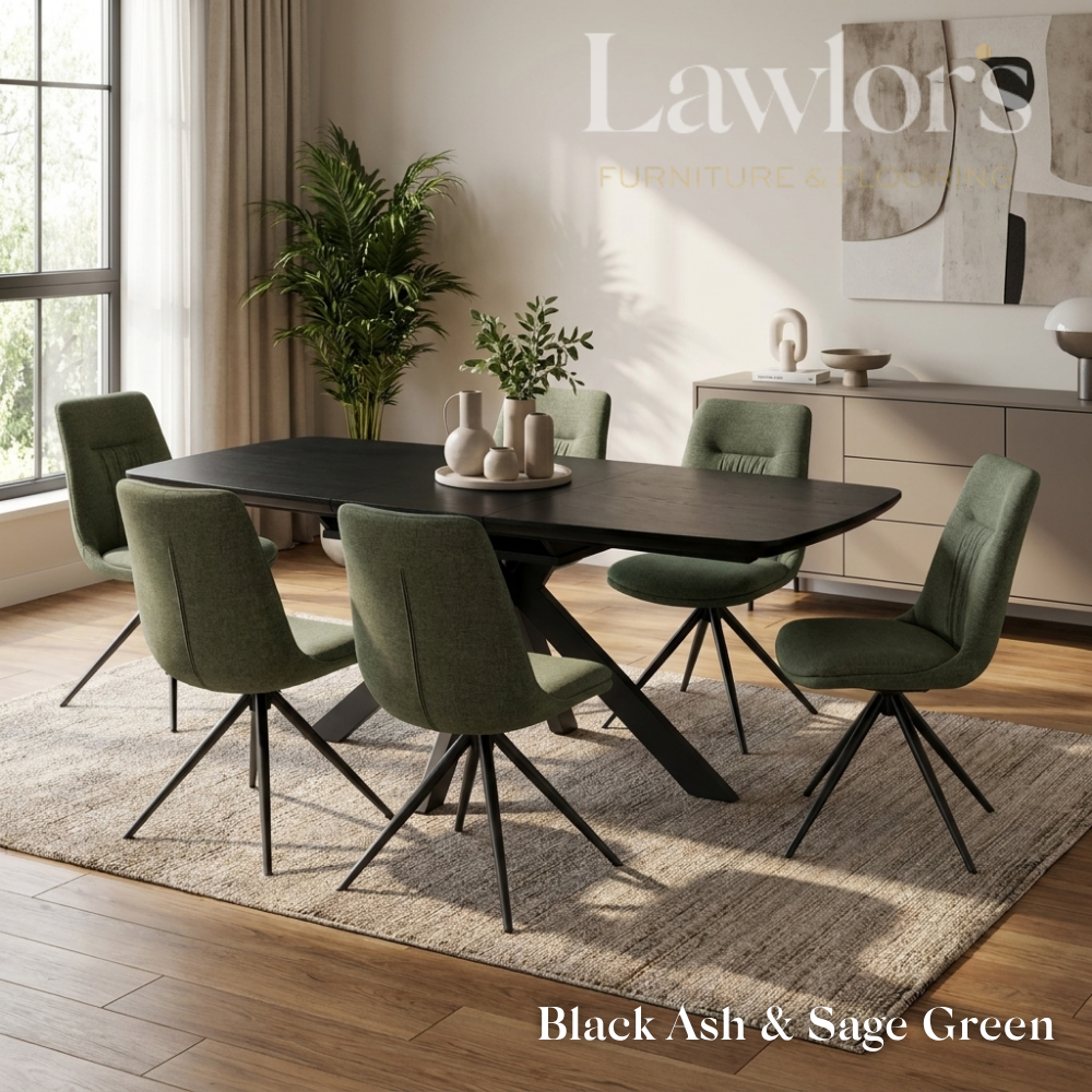 Dining room with black extending table and green chairs set
