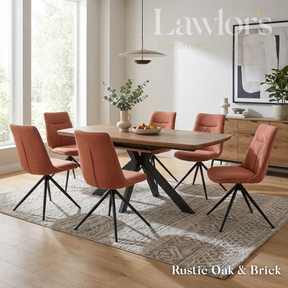 Dining room with oak extending table and orange chairs set