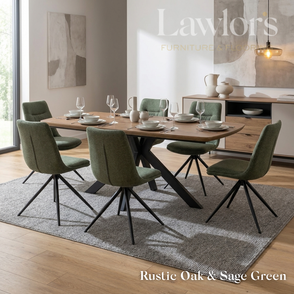 Dining room with oak extending table and green chairs set