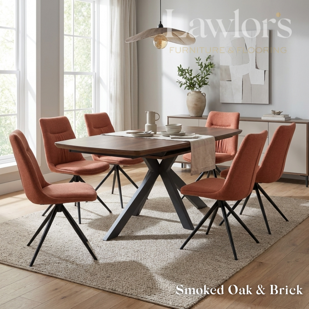 Dining room with smoked oak extending table and orange chairs set