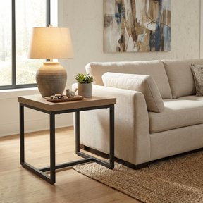 The Boston End Table in Rustic Oak features robust SmarTops® surface, resilient iron legs and a space-efficient design that enhances any living space.