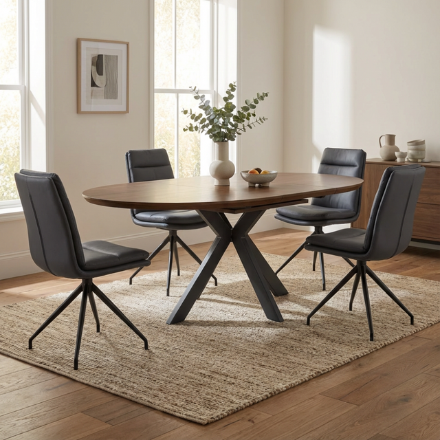The Boston Extending Table, which can be adjusted from 1200 to 1600mm, showcases a luxurious smoked oak veneer, robust metal legs and a seamless extension