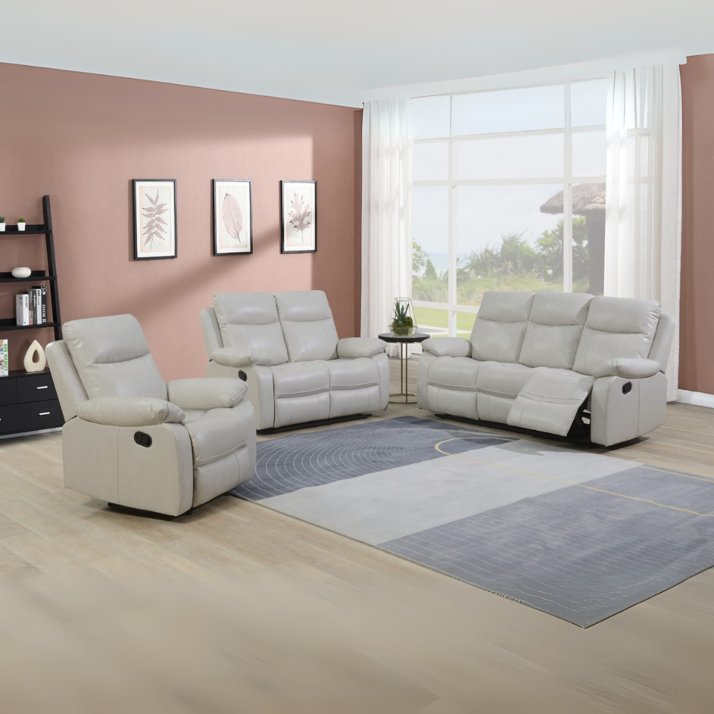 The Brittas Recliner Sofa in Beige Leathaire features padded headrests, armrests and multiple size options