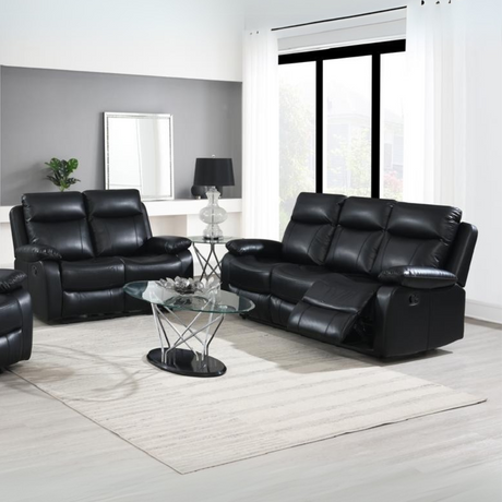 The Brittas Recliner Sofa Set 3+2 in Black Leathaire features padded head & armrests, reclining seats & sleek black