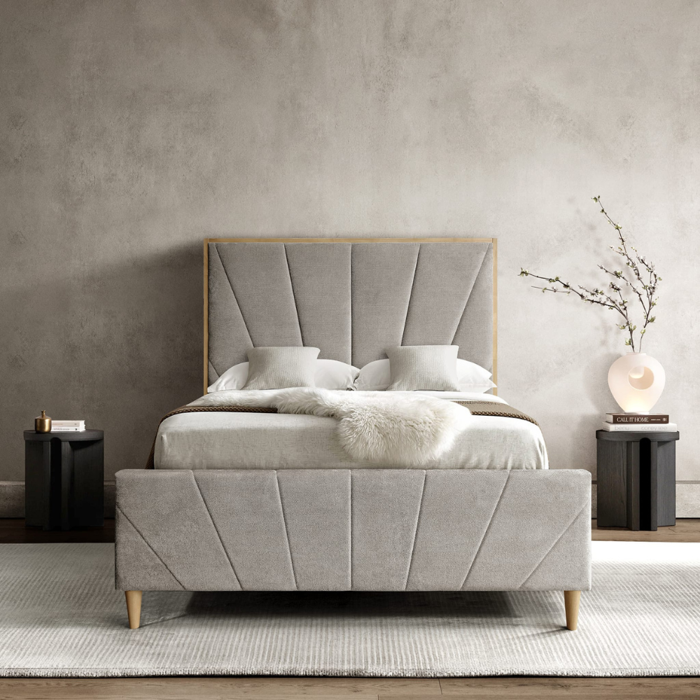The Bronx Bed in Taupe features modern panelled headboard & footboard with soft fabric, wooden legs, available in 5ft and 6ft sizes