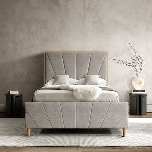 The Bronx Bed in Taupe features modern panelled headboard & footboard with soft fabric, wooden legs, available in 5ft and 6ft sizes