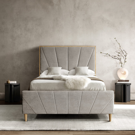 The Bronx Bed in Taupe features modern panelled headboard & footboard with soft fabric, wooden legs, available in 5ft and 6ft sizes
