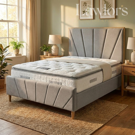 Gray upholstered bedset with tufted headboard in a bedroom setting