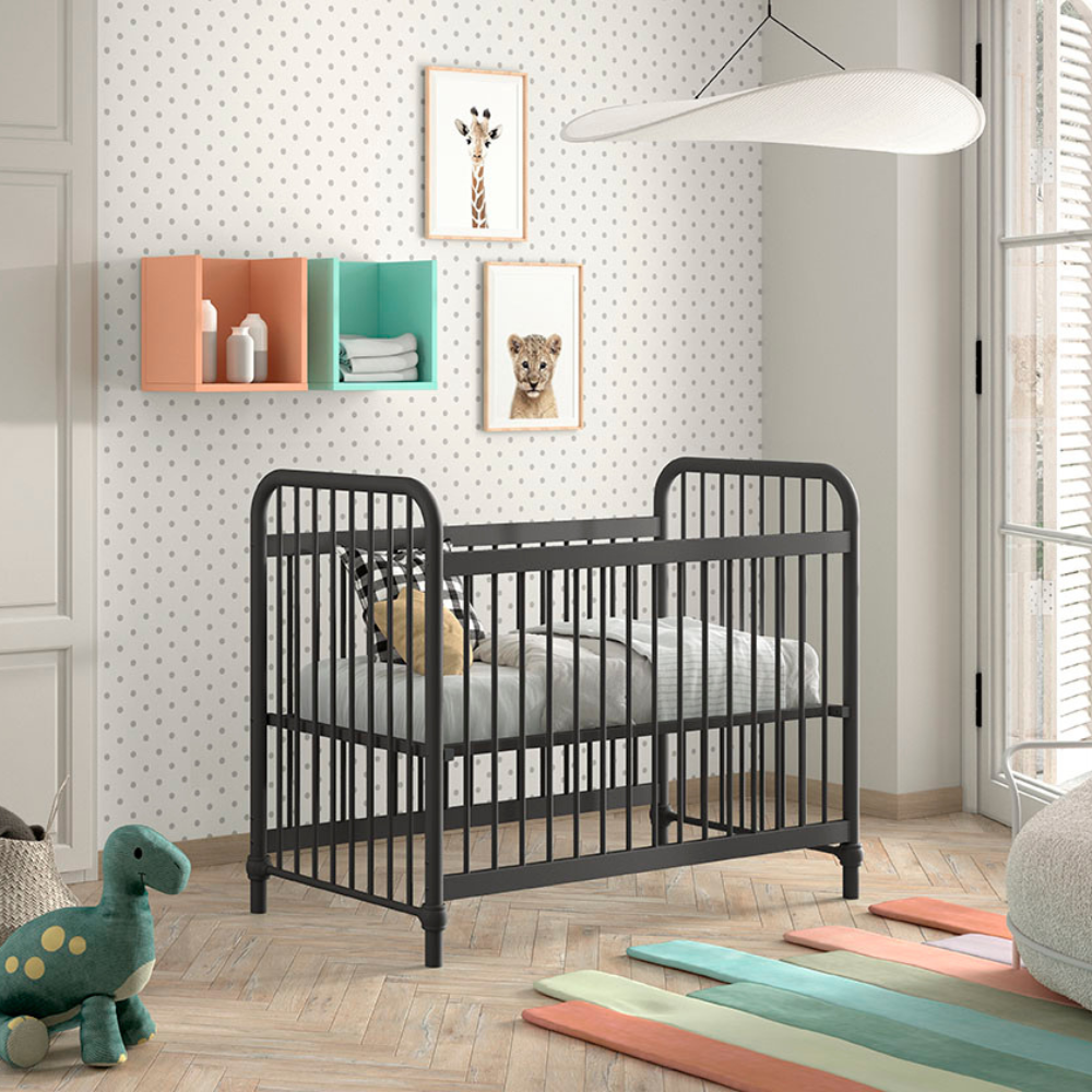 The Bronxx Baby Cot Bed 60 x 120cm - Black by VIPACK features trendy colours, matte metal finish, Belgian design and industrial style for a safe sleep time