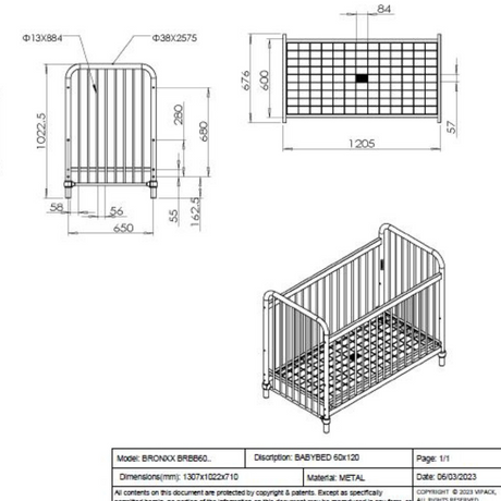 The Bronxx Baby Cot Bed 60 x 120cm White by VIPACK features trendy colours, matte metal finish, Belgian design & industrial style for a safe sleep time